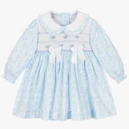 Beatrice & George-Girls Blue Hand-Smocked Cotton Dress | Childrensalon