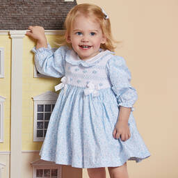 Beatrice & George-Girls Blue Hand-Smocked Cotton Dress | Childrensalon