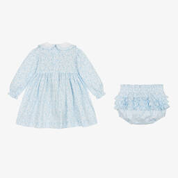 Beatrice & George-Girls Blue Hand-Smocked Cotton Dress | Childrensalon