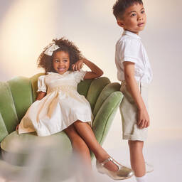 Beatrice & George-Girls Champagne Hand-Smocked Dupion Dress | Childrensalon
