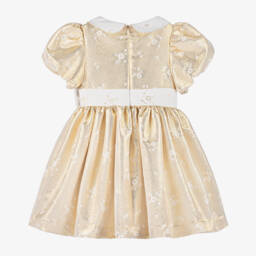 Beatrice & George-Girls Gold Cotton Floral Jacquard Dress | Childrensalon