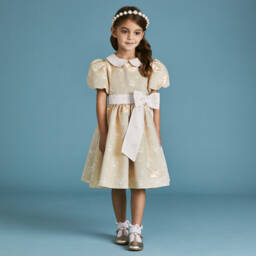 Beatrice & George-Girls Gold Cotton Floral Jacquard Dress | Childrensalon