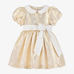 Beatrice & George-Girls Gold Cotton Floral Jacquard Dress | Childrensalon