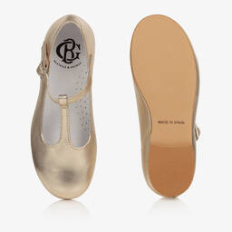 Beatrice & George-Girls Gold Leather T-Bar Shoes | Childrensalon