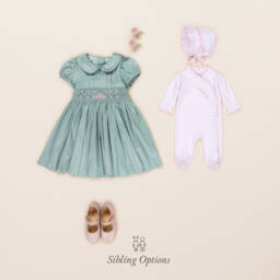 Beatrice & George-فستان ديبون تطريز سموك لون أخضر | Childrensalon