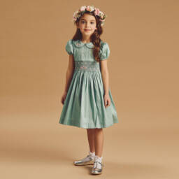 Beatrice & George-فستان ديبون تطريز سموك لون أخضر | Childrensalon