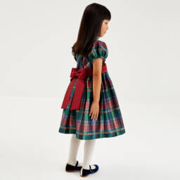 Beatrice & George-Girls Green Tartan Satin Twill Dress | Childrensalon