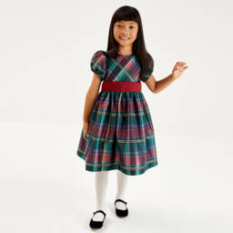 Beatrice & George-Girls Green Tartan Satin Twill Dress | Childrensalon