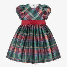 Beatrice & George-Girls Green Tartan Satin Twill Dress | Childrensalon