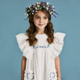 Beatrice & George-Girls Ivory Hand-Embroidered Cotton Dress | Childrensalon