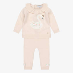 Beatrice & George-Girls Pale Pink Merino Wool Swan Trouser Set | Childrensalon