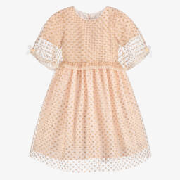 Beatrice & George-Girls Pale Pink Tulle Cape Dress with Gold Sequinned Flowers | Childrensalon
