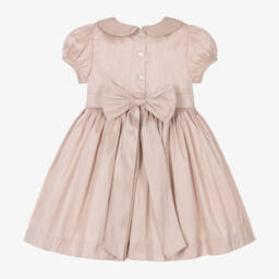 Beatrice & George-Girls Pink Hand-Smocked & Embroidered Dupion Dress | Childrensalon