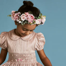 Beatrice & George-Girls Pink Hand-Smocked & Embroidered Dupion Dress | Childrensalon