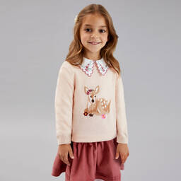 Beatrice & George-Girls Pink Wool & Cashmere Deer Sweater | Childrensalon