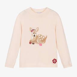 Beatrice & George-Girls Pink Wool & Cashmere Deer Sweater | Childrensalon