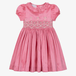 Beatrice & George-Girls Raspberry Pink Hand-Smocked Dupion Dress | Childrensalon