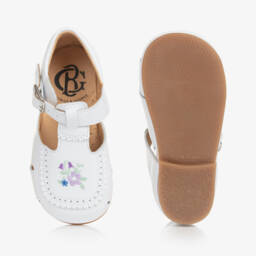 Beatrice & George-Girls White Embroidered Floral Leather Shoes | Childrensalon