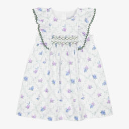 Beatrice & George-Girls White Floral Smocked Cotton Dress  | Childrensalon
