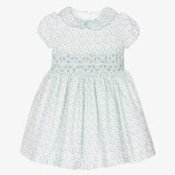 Beatrice & George-Girls White & Green Floral Smocked Dress | Childrensalon