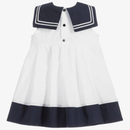 Beatrice & George-Girls White & Navy Blue Cotton Sailor Dress | Childrensalon