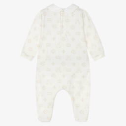 Beatrice & George-Ivory & Beige Cotton Monogram Babygrow | Childrensalon