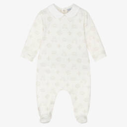 Beatrice & George-Ivory & Beige Cotton Monogram Babygrow | Childrensalon