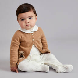 Beatrice & George-Ivory & Beige Cotton Monogram Babygrow | Childrensalon