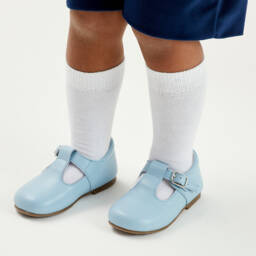 Beatrice & George-Pale Blue Leather Buckle T-Bar Shoes | Childrensalon