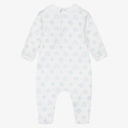Beatrice & George-White & Blue Cotton Monogram Babygrow | Childrensalon
