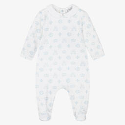 Beatrice & George-White & Blue Cotton Monogram Babygrow | Childrensalon