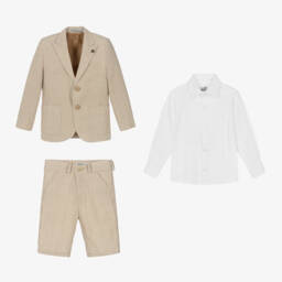 Beau KiD-Boys Beige Cotton Stripe Shorts Suit | Childrensalon