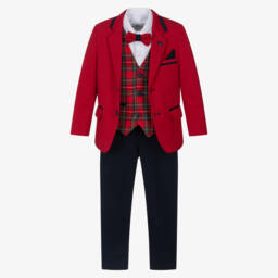 Beau KiD-بدلة قطن مع حزام وربطة عنق لون أحمر وكحلي للأولاد | Childrensalon