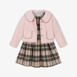 Beau KiD-Girls Brown & Beige Check Dress & Pink Jacket Set | Childrensalon