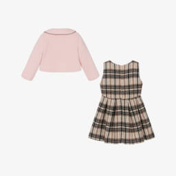 Beau KiD-Girls Brown & Beige Check Dress & Pink Jacket Set | Childrensalon