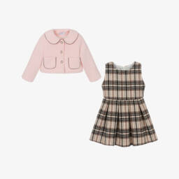 Beau KiD-Girls Brown & Beige Check Dress & Pink Jacket Set | Childrensalon