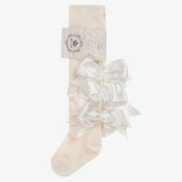 Beau KiD-Girls Ivory Cotton & Satin Bow Tights | Childrensalon