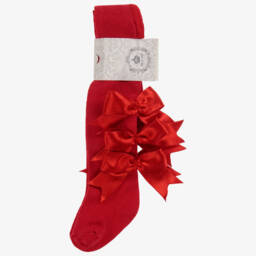 Beau KiD-Girls Red Cotton & Satin Bow Tights | Childrensalon