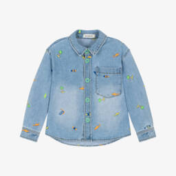 Boys Light Blue Denim Shirt with Embroidered Shark Motifs
