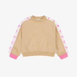 Girls Beige & Pink Cotton Sweatshirt with Reversible Sequins