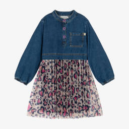 Billieblush-Girls Blue Denim & Pink Leopard Hearts Dress | Childrensalon