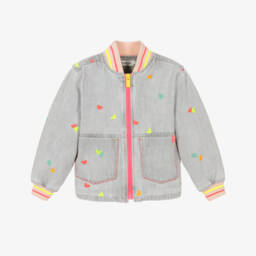 Girls Grey Bomber Jacket with Embroidered Hearts