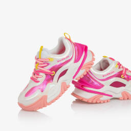 Billieblush-Girls Iridescent White & Pink Faux Leather Trainers | Childrensalon