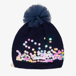 Billieblush-Girls Navy Blue Knitted Pom-Pom Hat | Childrensalon