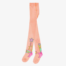Billieblush-Girls Neon Orange Tights with Pink Shooting Stars | Childrensalon