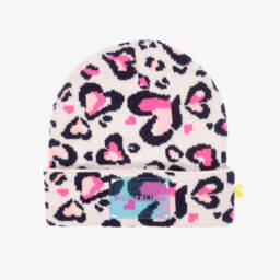Girls Pink Leopard Hearts Knitted Hat
