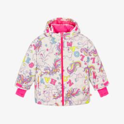 Girls White & Pink Ski Jacket with Unicorn Print