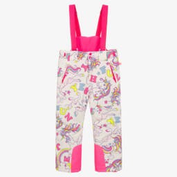 Girls White & Pink Ski Trousers with Unicorn Print