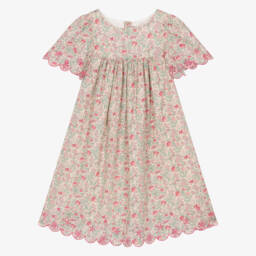 فستان بطبعة ورود ليبرتي لون بيج وزهري للبنات