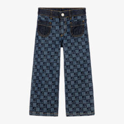 Bonpoint-Girls Blue Denim Cherry Checkerboard Print Jeans | Childrensalon